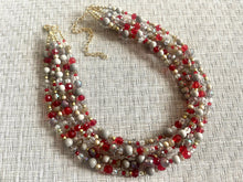Load image into Gallery viewer, Royal Red Chunky Statement Necklace, 5 Strand Beaded Jewelry, gold gray jewelry bridesmaid wedding red maroon crystal