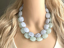 Load image into Gallery viewer, Sky Blue + Mint Double Strand Statement Necklace,  Chunky Periwinkle Beaded Bib Jewelry earrings, blue green set, baby blue jewelry