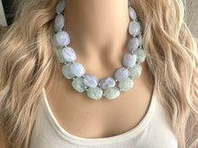 Load image into Gallery viewer, Sky Blue + Mint Double Strand Statement Necklace,  Chunky Periwinkle Beaded Bib Jewelry earrings, blue green set, baby blue jewelry