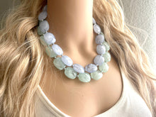 Load image into Gallery viewer, Sky Blue + Mint Double Strand Statement Necklace,  Chunky Periwinkle Beaded Bib Jewelry earrings, blue green set, baby blue jewelry