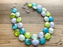 Load image into Gallery viewer, Calm Blue Double Strand Statement Necklace,  Chunky Periwinkle Oval Beaded Bib Jewelry earrings, blue jewelry set, baby blue mint lime green