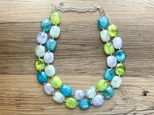 Load image into Gallery viewer, Calm Blue Double Strand Statement Necklace,  Chunky Periwinkle Oval Beaded Bib Jewelry earrings, blue jewelry set, baby blue mint lime green
