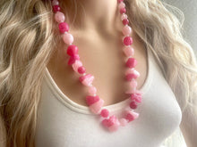 Load image into Gallery viewer, Long Two Tone Pink Chunky Long Statement Necklace, long silver necklace, beaded long necklace, blush pink magenta beaded statement jewelry