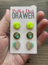 Load image into Gallery viewer, Set of 3 earrings, 12mm earrings, sparkle earrings, stud earrings circle, stocking stuffer wood resin heart Cabochon silver and gold pierced