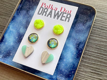Load image into Gallery viewer, Set of 3 earrings, 12mm earrings, sparkle earrings, stud earrings circle, stocking stuffer wood resin heart Cabochon silver and gold pierced