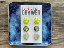 Load image into Gallery viewer, Set of 3 earrings, 12mm earrings, sparkle earrings, stud earrings circle, stocking stuffer wood resin heart Cabochon silver and gold pierced