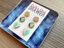 Load image into Gallery viewer, Set of 3 earrings, 12mm earrings, sparkle earrings, stud earrings circle, stocking stuffer wood resin heart Cabochon silver and gold pierced