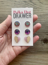 Load image into Gallery viewer, Set of 3 earrings, 12mm earrings, sparkle earrings, stud earrings circle, stocking stuffer wood resin heart Cabochon silver and gold pierced