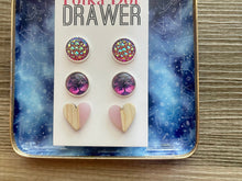 Load image into Gallery viewer, Set of 3 earrings, 12mm earrings, sparkle earrings, stud earrings circle, stocking stuffer wood resin heart Cabochon silver and gold pierced