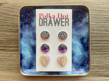 Load image into Gallery viewer, Set of 3 earrings, 12mm earrings, sparkle earrings, stud earrings circle, stocking stuffer wood resin heart Cabochon silver and gold pierced