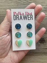 Load image into Gallery viewer, Set of 3 earrings, 12mm earrings, sparkle earrings, stud earrings circle, stocking stuffer wood resin heart Cabochon silver and gold pierced