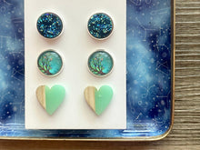Load image into Gallery viewer, Set of 3 earrings, 12mm earrings, sparkle earrings, stud earrings circle, stocking stuffer wood resin heart Cabochon silver and gold pierced