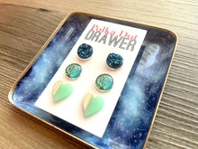 Load image into Gallery viewer, Set of 3 earrings, 12mm earrings, sparkle earrings, stud earrings circle, stocking stuffer wood resin heart Cabochon silver and gold pierced