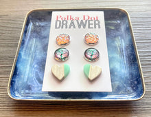 Load image into Gallery viewer, Set of 3 earrings, 12mm earrings, sparkle earrings, stud earrings circle, stocking stuffer wood resin heart Cabochon silver and gold pierced