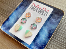 Load image into Gallery viewer, Set of 3 earrings, 12mm earrings, sparkle earrings, stud earrings circle, stocking stuffer wood resin heart Cabochon silver and gold pierced