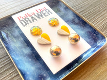 Load image into Gallery viewer, Set of 3 earrings, 12mm earrings, sparkle earrings, stud earrings circle, stocking stuffer wood resin heart Cabochon silver and gold pierced