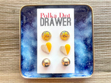 Load image into Gallery viewer, Set of 3 earrings, 12mm earrings, sparkle earrings, stud earrings circle, stocking stuffer wood resin heart Cabochon silver and gold pierced