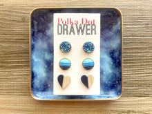 Load image into Gallery viewer, Set of 3 earrings, 12mm earrings, sparkle earrings, stud earrings circle, stocking stuffer wood resin heart Cabochon silver and gold pierced