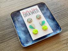 Load image into Gallery viewer, Set of 3 earrings, 12mm earrings, sparkle earrings, stud earrings circle, stocking stuffer wood resin heart Cabochon silver and gold pierced
