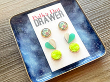 Load image into Gallery viewer, Set of 3 earrings, 12mm earrings, sparkle earrings, stud earrings circle, stocking stuffer wood resin heart Cabochon silver and gold pierced