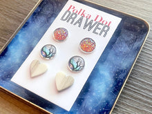 Load image into Gallery viewer, Set of 3 earrings, 12mm earrings, sparkle earrings, stud earrings circle, stocking stuffer wood resin heart Cabochon silver and gold pierced