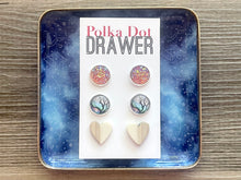 Load image into Gallery viewer, Set of 3 earrings, 12mm earrings, sparkle earrings, stud earrings circle, stocking stuffer wood resin heart Cabochon silver and gold pierced