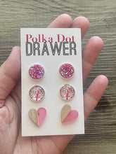 Load image into Gallery viewer, Set of 3 earrings, 12mm earrings, sparkle earrings, stud earrings circle, stocking stuffer wood resin heart Cabochon silver and gold pierced