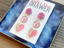 Load image into Gallery viewer, Set of 3 earrings, 12mm earrings, sparkle earrings, stud earrings circle, stocking stuffer wood resin heart Cabochon silver and gold pierced