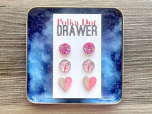 Load image into Gallery viewer, Set of 3 earrings, 12mm earrings, sparkle earrings, stud earrings circle, stocking stuffer wood resin heart Cabochon silver and gold pierced