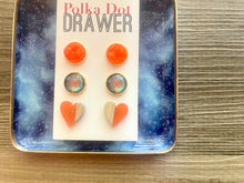 Load image into Gallery viewer, Set of 3 earrings, 12mm earrings, sparkle earrings, stud earrings circle, stocking stuffer wood resin heart Cabochon silver and gold pierced