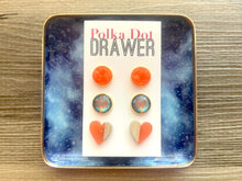 Load image into Gallery viewer, Set of 3 earrings, 12mm earrings, sparkle earrings, stud earrings circle, stocking stuffer wood resin heart Cabochon silver and gold pierced