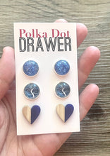 Load image into Gallery viewer, Set of 3 earrings, 12mm earrings, sparkle earrings, stud earrings circle, stocking stuffer wood resin heart Cabochon silver and gold pierced