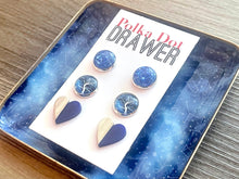 Load image into Gallery viewer, Set of 3 earrings, 12mm earrings, sparkle earrings, stud earrings circle, stocking stuffer wood resin heart Cabochon silver and gold pierced