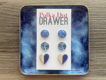 Load image into Gallery viewer, Set of 3 earrings, 12mm earrings, sparkle earrings, stud earrings circle, stocking stuffer wood resin heart Cabochon silver and gold pierced