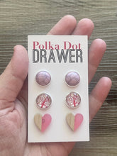 Load image into Gallery viewer, Set of 3 earrings, 12mm earrings, sparkle earrings, stud earrings circle, stocking stuffer wood resin heart Cabochon silver and gold pierced
