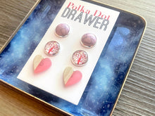 Load image into Gallery viewer, Set of 3 earrings, 12mm earrings, sparkle earrings, stud earrings circle, stocking stuffer wood resin heart Cabochon silver and gold pierced