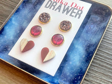 Load image into Gallery viewer, Set of 3 earrings, 12mm earrings, sparkle earrings, stud earrings circle, stocking stuffer wood resin heart Cabochon silver and gold pierced