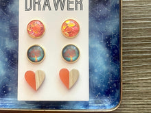 Load image into Gallery viewer, Set of 3 earrings, 12mm earrings, sparkle earrings, stud earrings circle, stocking stuffer wood resin heart Cabochon silver and gold pierced