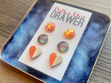 Load image into Gallery viewer, Set of 3 earrings, 12mm earrings, sparkle earrings, stud earrings circle, stocking stuffer wood resin heart Cabochon silver and gold pierced