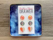 Load image into Gallery viewer, Set of 3 earrings, 12mm earrings, sparkle earrings, stud earrings circle, stocking stuffer wood resin heart Cabochon silver and gold pierced