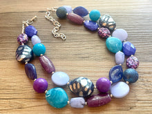 Load image into Gallery viewer, Intergalactic Seascape Statement Necklace, chunky bib beaded jewelry, royal blue necklace, light aqua blue beaded purple jewelry