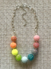 Load image into Gallery viewer, Rainbow Statement Necklace, rainbow jewelry, RHINESTONE Shimmer rainbow bib chunky necklace, rainbow bubble silver necklace