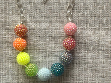 Load image into Gallery viewer, Rainbow Statement Necklace, rainbow jewelry, RHINESTONE Shimmer rainbow bib chunky necklace, rainbow bubble silver necklace