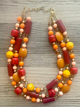 Load image into Gallery viewer, Crisp Fall Breeze Chunky Statement Necklace, Big beaded jewelry, multi strand Statement Earrings, chunky bib orange yellow mustard brown