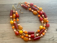 Load image into Gallery viewer, Crisp Fall Breeze Chunky Statement Necklace, Big beaded jewelry, multi strand Statement Earrings, chunky bib orange yellow mustard brown