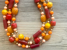 Load image into Gallery viewer, Crisp Fall Breeze Chunky Statement Necklace, Big beaded jewelry, multi strand Statement Earrings, chunky bib orange yellow mustard brown