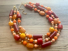 Load image into Gallery viewer, Crisp Fall Breeze Chunky Statement Necklace, Big beaded jewelry, multi strand Statement Earrings, chunky bib orange yellow mustard brown