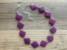 Load image into Gallery viewer, Purple Geometric Beaded Necklace, Multi Strand Acrylic Beaded Jewelry, Chunky bib jewelry, dark purple beaded necklace, big bead