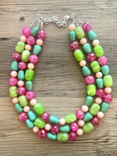 Load image into Gallery viewer, Peach Green & Hot pink Statement Necklace, multi strand bright jewelry, chunky lime necklace, coral necklace, pink necklace turquoise
