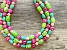 Load image into Gallery viewer, Peach Green & Hot pink Statement Necklace, multi strand bright jewelry, chunky lime necklace, coral necklace, pink necklace turquoise